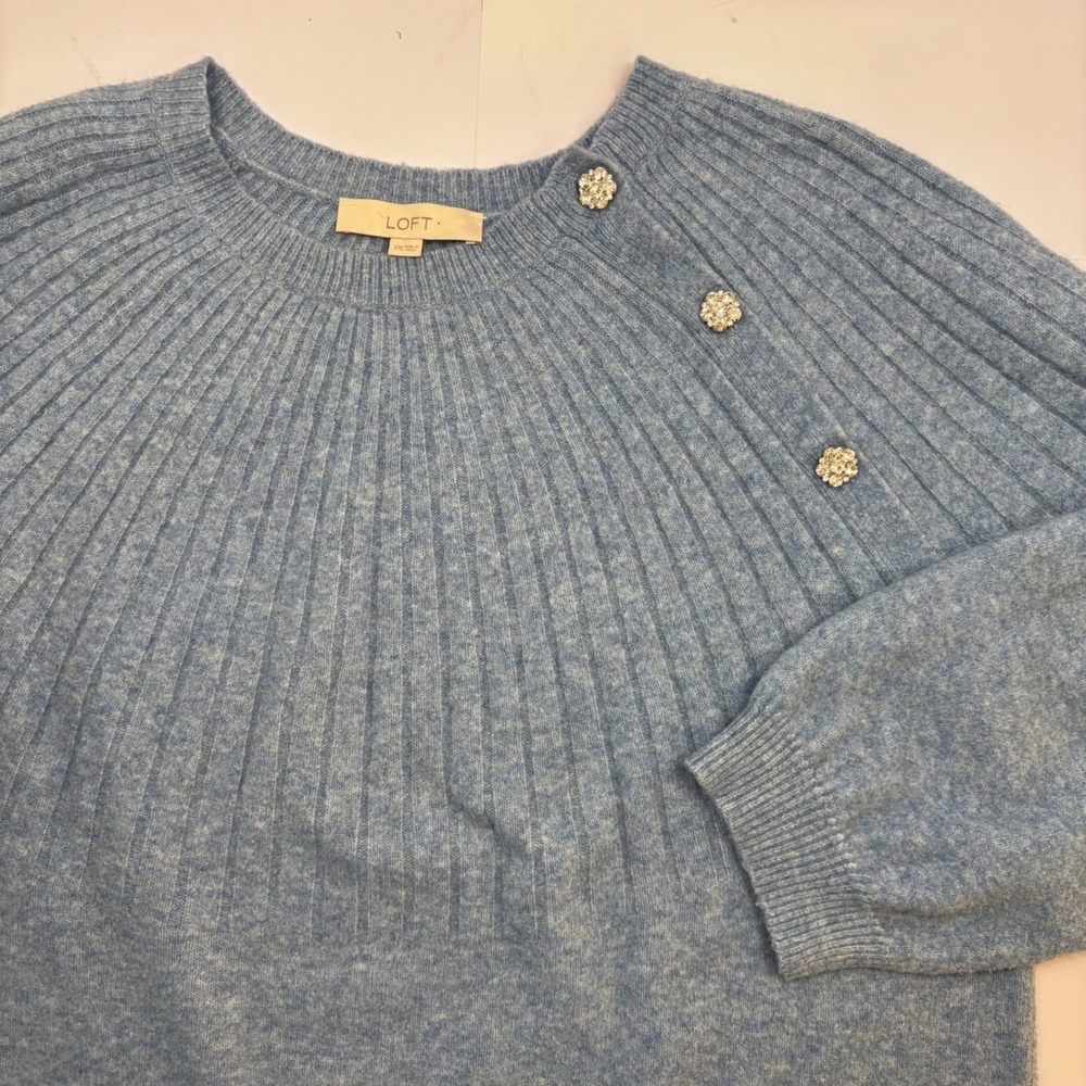 Loft Womens Blue Ribbed Sunburst Knit Sweater Rhinestone Button Wool Blend XXL